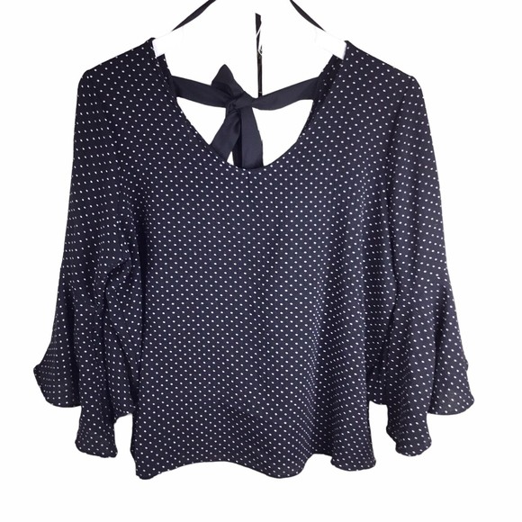 Anthropologie Green Envelope Blouse women Sz L White Black Dots Tie Back Flared - Picture 7 of 9